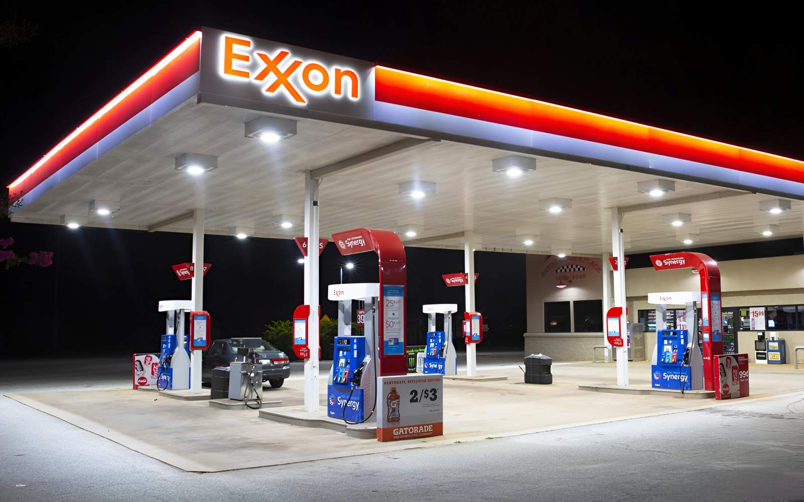 Exxon Mobil corporate sign representing the company's stock valuation and financial performance