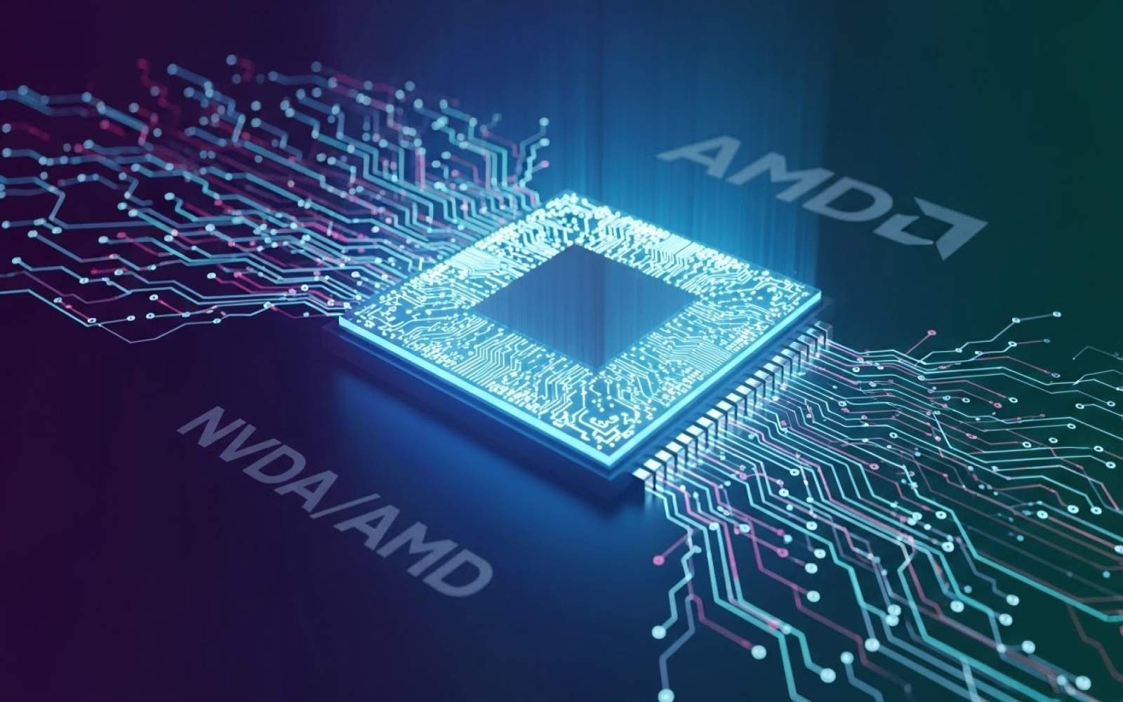 Close-up of an Nvidia AI microchip reflecting digital data and stock market growth charts